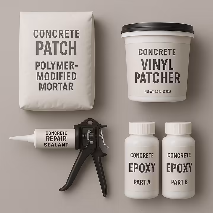 A flat lay of various concrete patching materials including a bag of mortar, a tub of compound, and a caulk tube.