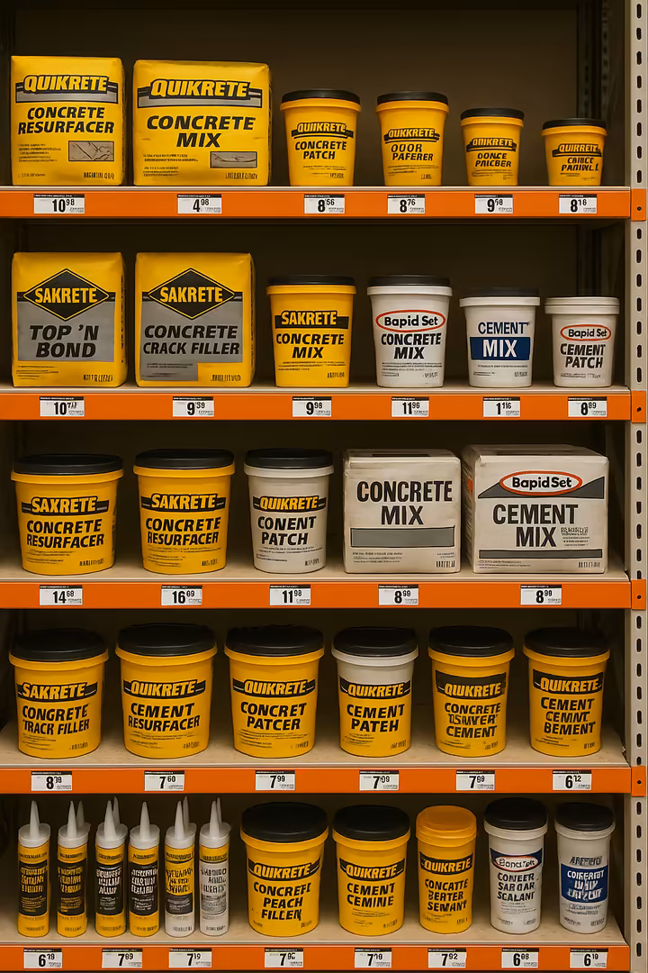 A variety of concrete repair products from brands like Quikrete, Sakrete, and Rapid Set on a store shelf.