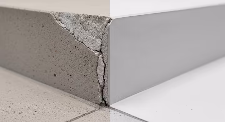 A comparison showing a damaged concrete spall and a completed, smooth patch repair.