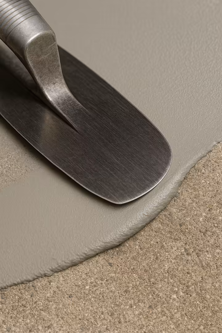 A close-up of a trowel smoothly feathering the edge of a concrete patch to be seamless with the surrounding surface.