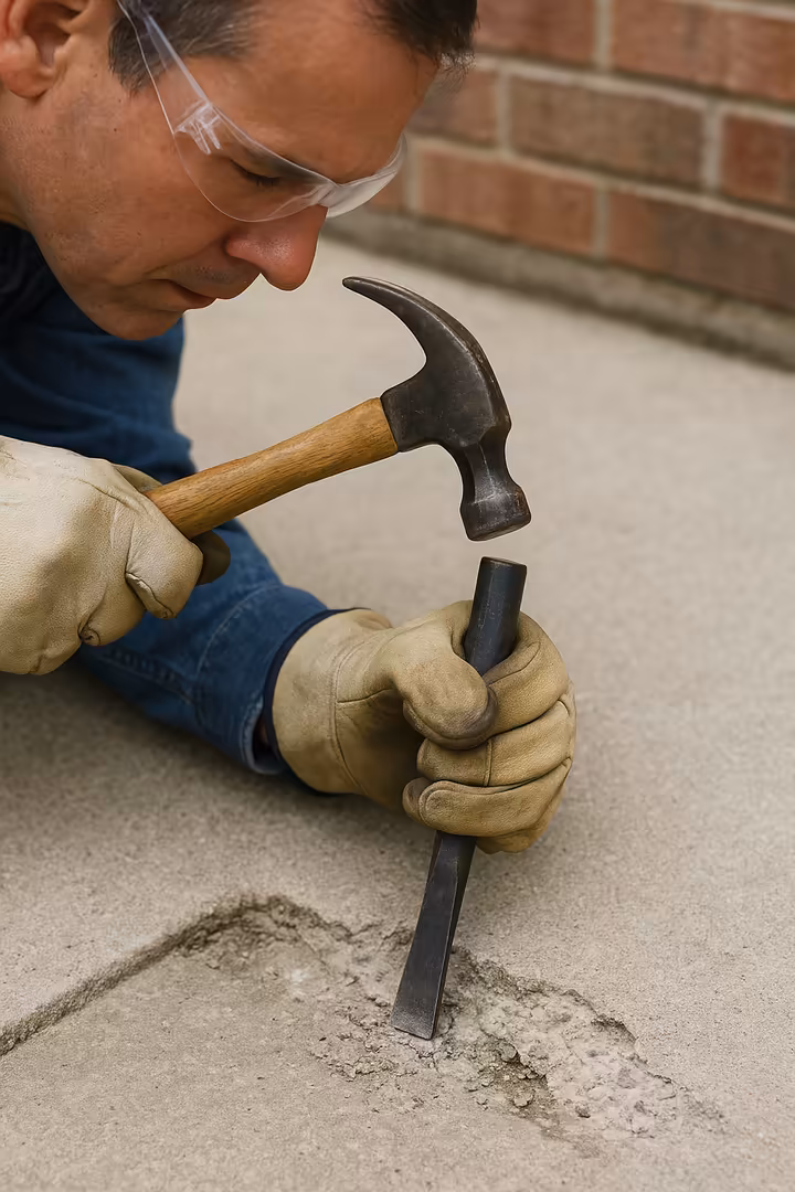 A person wearing gloves chiseling away loose concrete to prepare a crack for patching.