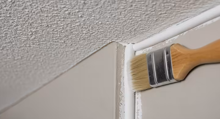 A close-up view of a thin bead of caulk applied to the corner where a wall meets a textured popcorn ceiling, creating a smooth line for painting.