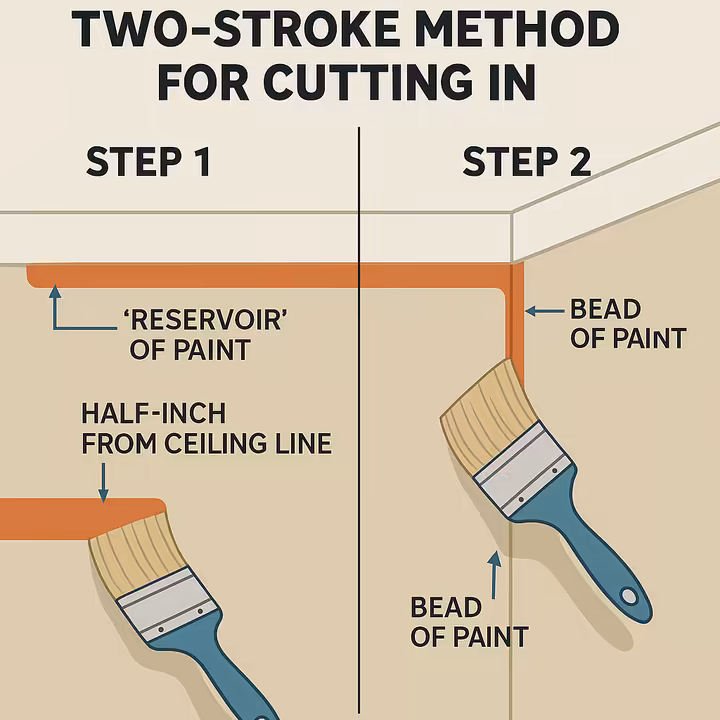 A diagram showing the two-stroke method for cutting in paint, with a reservoir stroke and a finishing stroke.