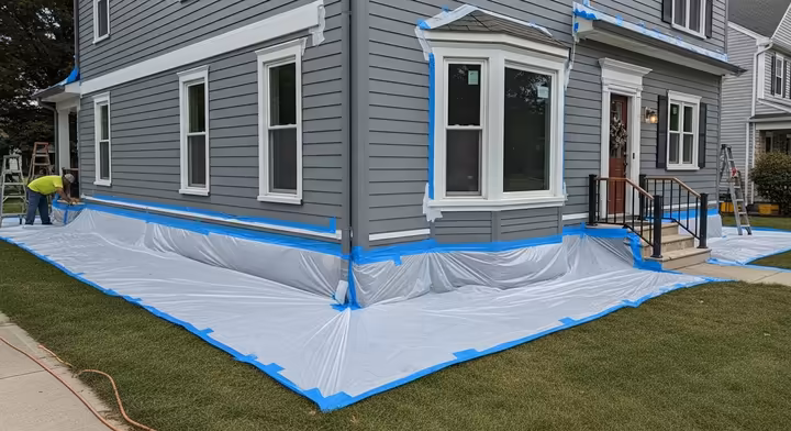 Proper exterior containment for lead work, with heavy-duty plastic sheeting extending from the house foundation onto the ground.
