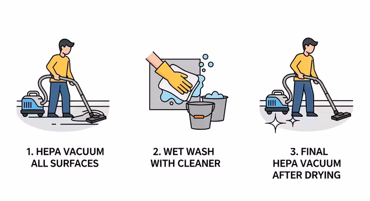 A 3-panel infographic illustrating the lead cleanup process: 1. HEPA Vacuum, 2. Wet Wash, 3. Final HEPA Vacuum.