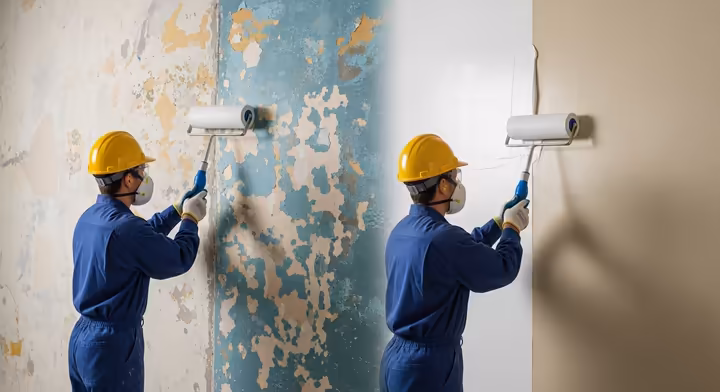 A worker applying a thick, white encapsulant coating over an old, painted wall to seal in the lead paint.