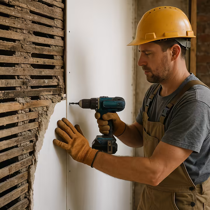 A construction worker installing new drywall over an old, existing wall to enclose the lead paint hazard.