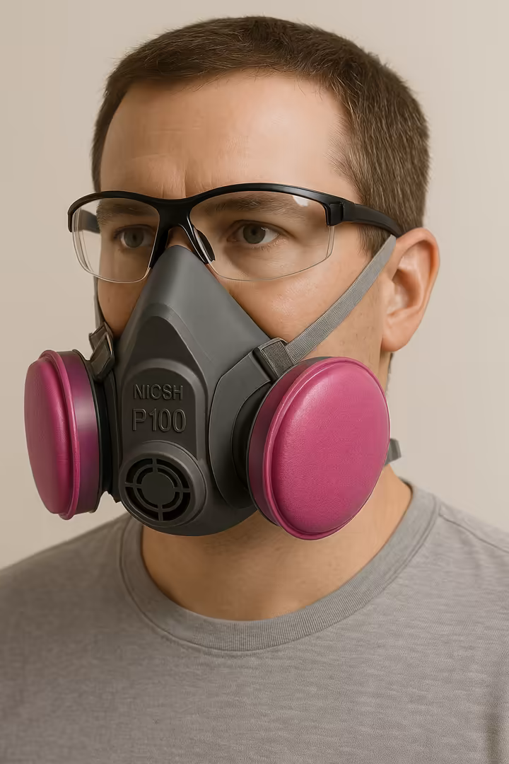 A person wearing a NIOSH-approved P100 respirator and safety glasses while preparing to sand a wall.