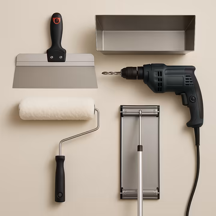 A flat lay of essential skim coating tools including a taping knife, mud pan, paddle mixer, and roller.
