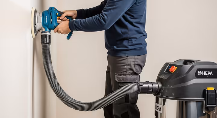 A professional using an orbital sander connected by a hose to a HEPA vacuum to sand a drywall patch with no visible dust.