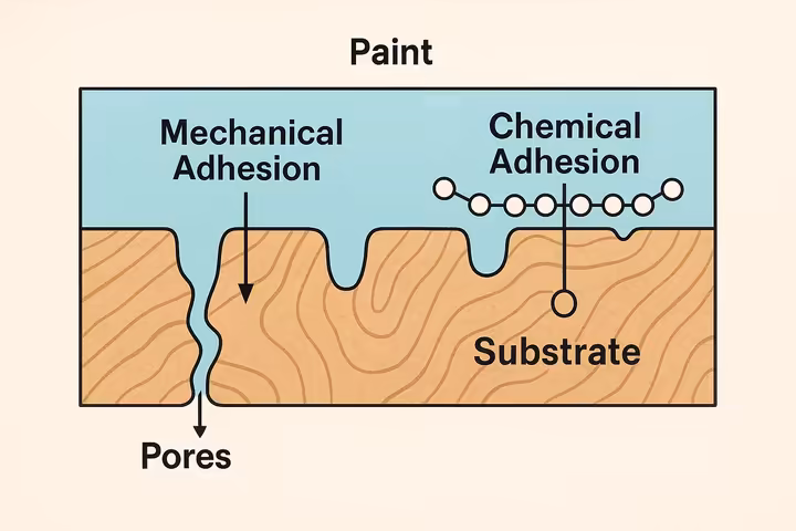 A diagram showing a microscopic cross-section of a surface with paint adhering via both mechanical and chemical bonds.