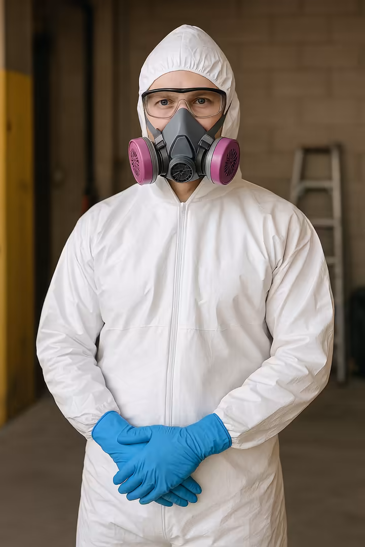 A renovator wearing full Personal Protective Equipment including a P100 half-mask respirator, non-vented goggles, and disposable coveralls.