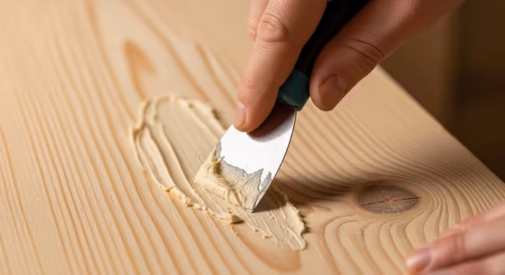 A person using a putty knife to apply wood filler into a crack on an unfinished piece of wood.