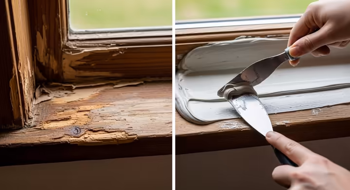 A rotted exterior window sill being repaired with a two-part epoxy wood filler.