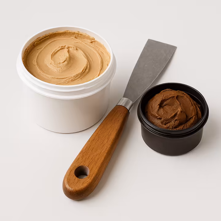 A side-by-side comparison of a tub of wood filler and a container of wood putty.