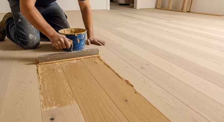 A professional applying trowelable wood filler across an entire unfinished hardwood floor to fill gaps.